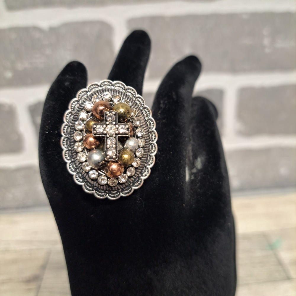 Gothic vintage Style ring crystal cross and gold, copper, silver Stretch Band